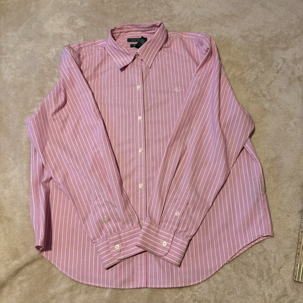 Lauren Ralph Lauren Womens XL Pink White Stripe Non Iron Cotton Button Shirt